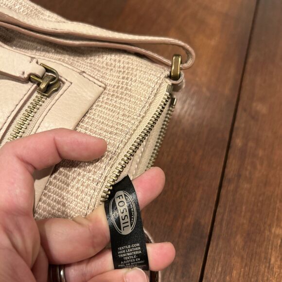 Fossil Leather Fabric Tan and Cream Crossbody Bag Zipped Pockets - Picture 9 of 16